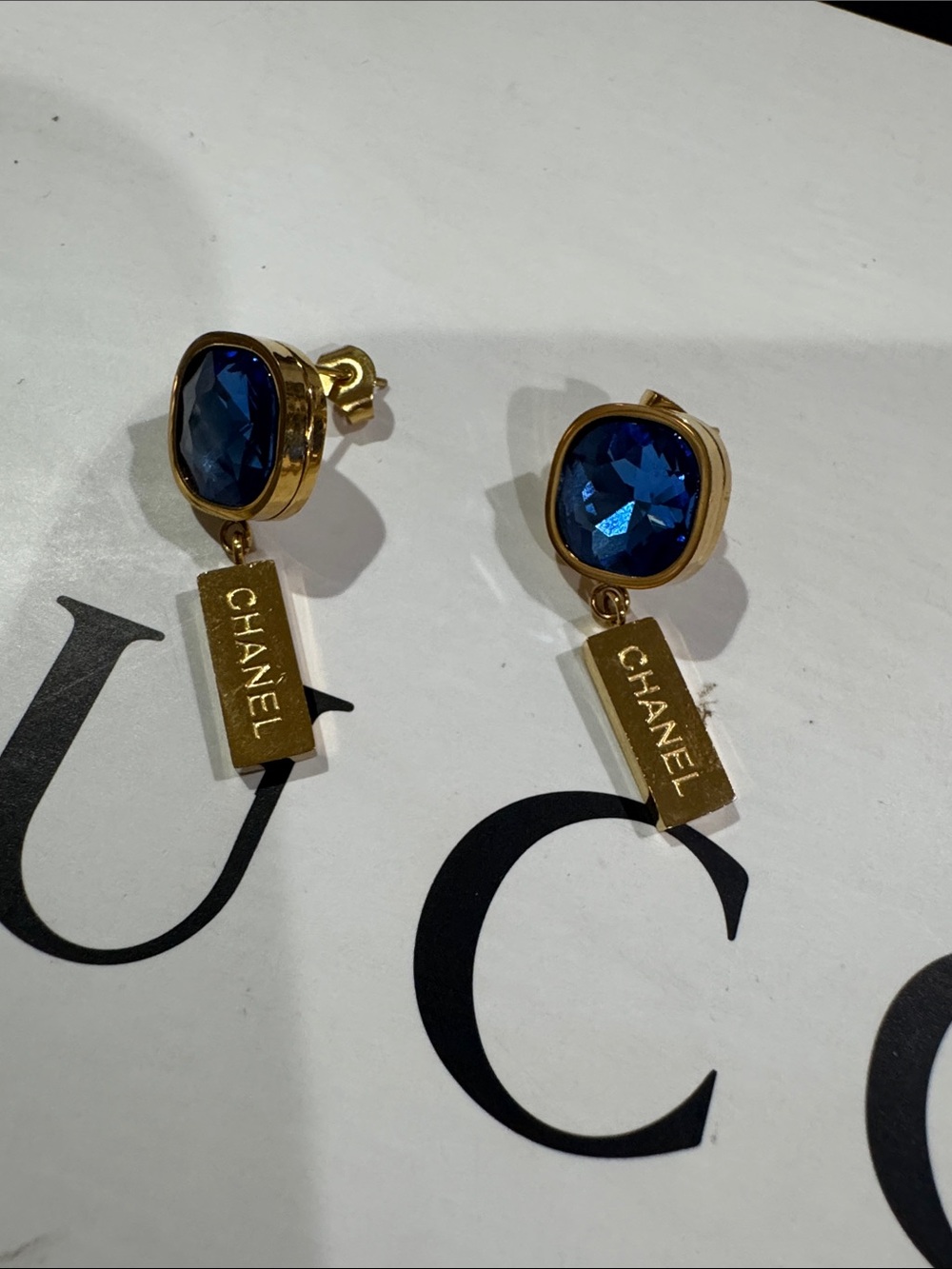 fashion Gold-Tone Earrings with Deep Blue Faceted Stones